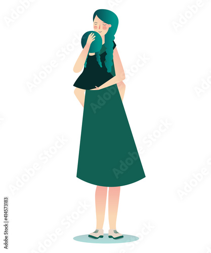 women hold their daughters with love white isolated background cartoon flat style