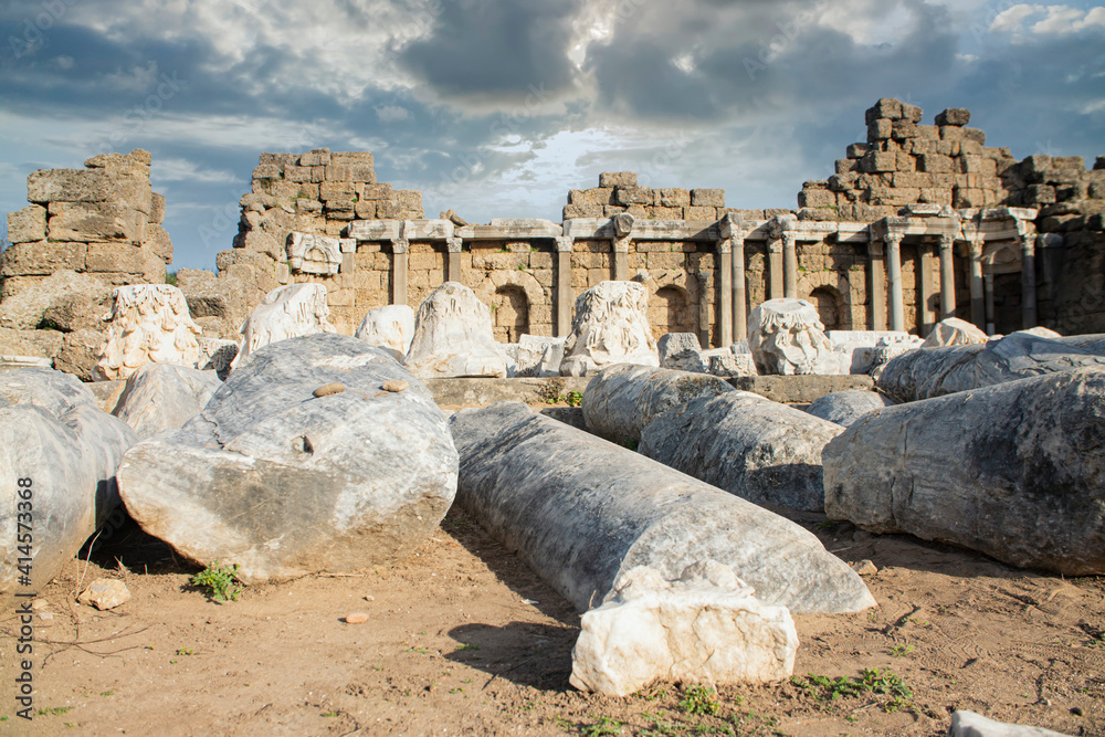 Old ruins in Side, Turkey - archaeology background Old ruins in Side, Turkey - archaeology background