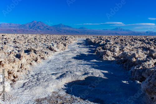 Caminando sobre el sendero de sal en la Reserva Naciona de Flamencos en el desierto de Atacama, Chile