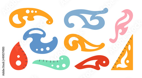 Sewing or drawing template, stencil cartoon set. Sewing equipment, patterns and sketchbook dressmaking concept. Hand drawn mold drawing. Vector illustration