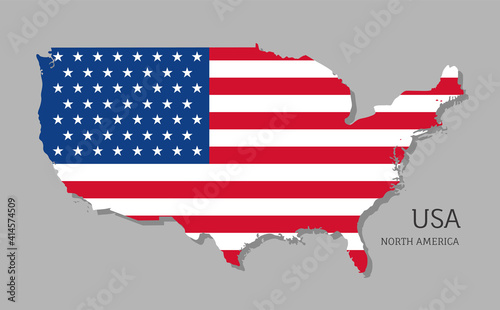 Map of USA with national flag. Highly detailed editable map of USA, North America country territory borders. Political or geographical design element vector illustration on gray background