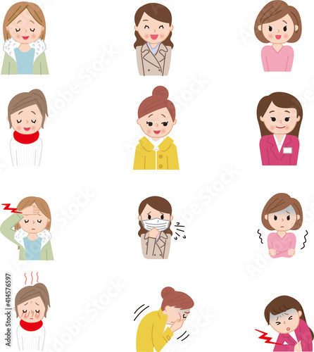 冬の女性元気＆体調不良上半身ポーズ色々セット