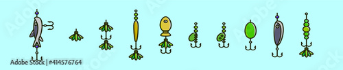 set of fishing lure cartoon icon design template with various models. vector illustration isolated on blue background
