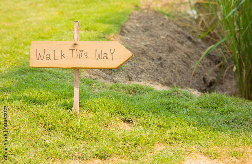 Walk this way sign writing on wooden label sign placing on the lawn in the garden shows concept of guidance, support and coaching for showing path way for success in job and working life