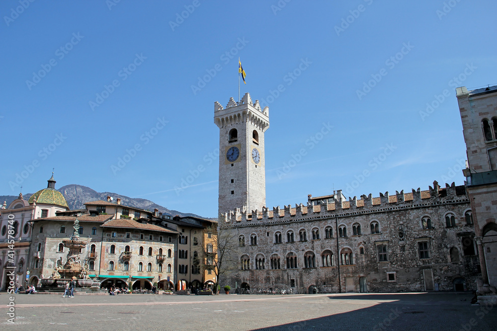 Bell Tower, Cathedral Square With Neptune Fountain, Trento, Italy