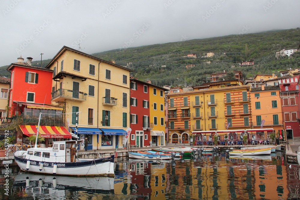 Fototapeta premium Castello Di Brenzone, Harbor With Fishing Boats, Lake Garda, Italy