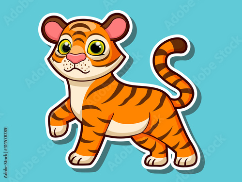 Fototapeta Naklejka Na Ścianę i Meble -  Cute cartoon tiger sticker mascot animal character. Vector art illustration