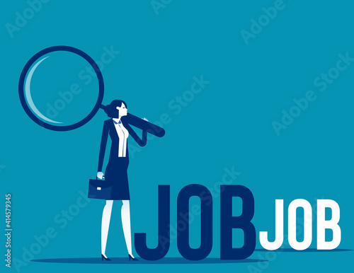 Unemployed holds magnifying glass. Office worker looking for job