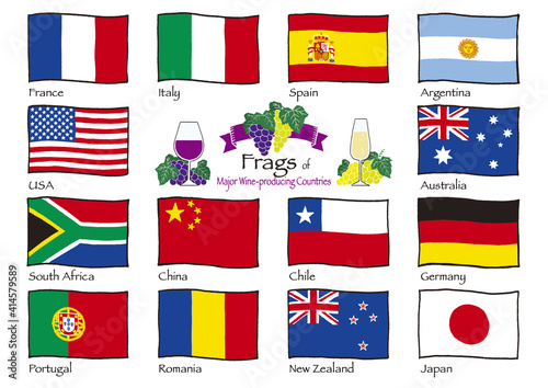 風にはためく代表的なワイン産地国の国旗の手描きイラスト
