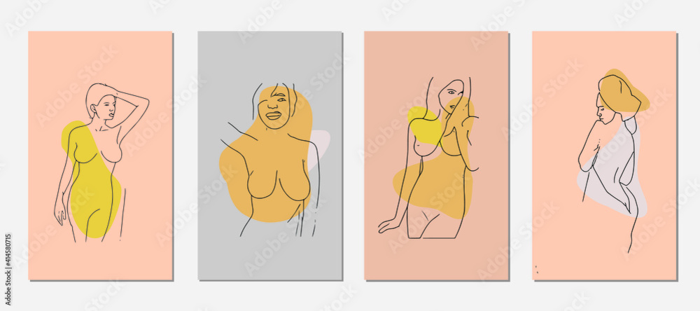 Trendy Line Art Woman Body Prints Set. Minimalistic Lines Drawing. Female Figure Continuous One Line Abstract Drawing. Modern Scandinavian Design. Naked Body Art. Vector Illustration
