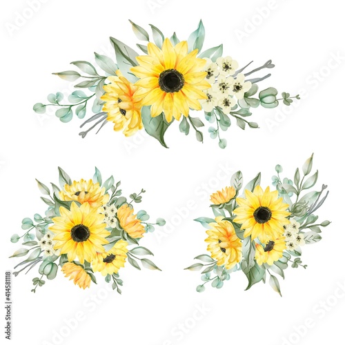 sunflower bouquet arrangement for wedding watercolor illustration