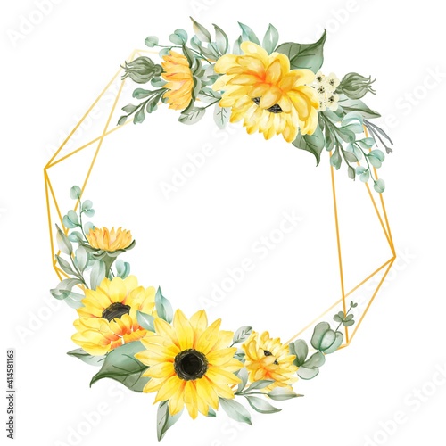 flower wreath geometry frame sunflower watercolor illustration