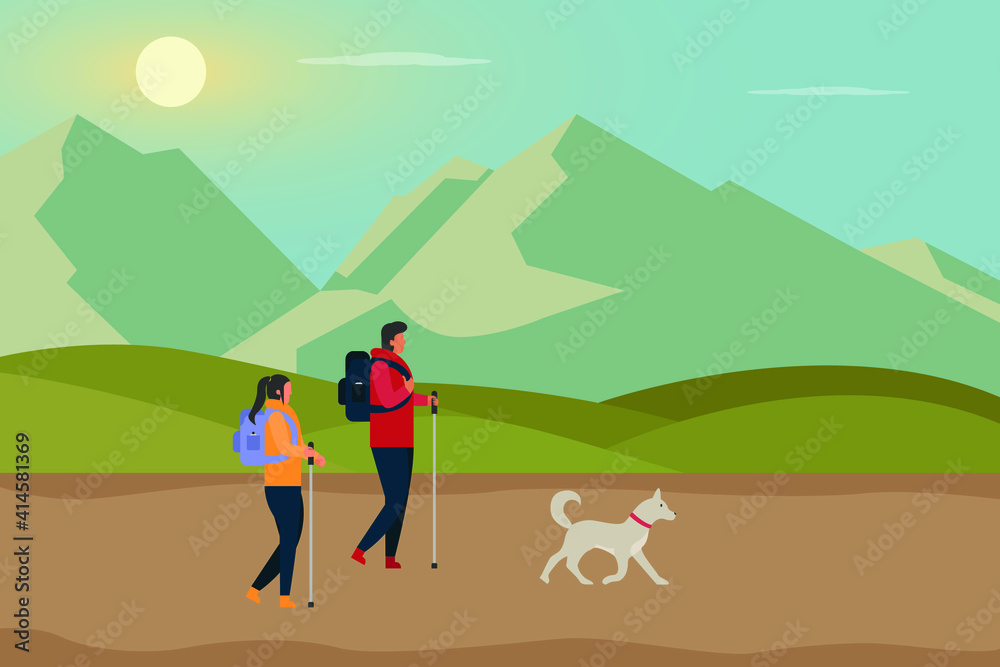Hiking vector concept: Young couple hiking together in the mountain while carrying backpack and dog