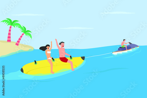 Summer holiday vector concept  Young couple having fun on banana boat while enjoying leisure time together