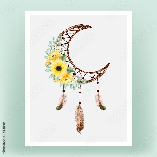 Watercolor dream catcher with sunflower and feather