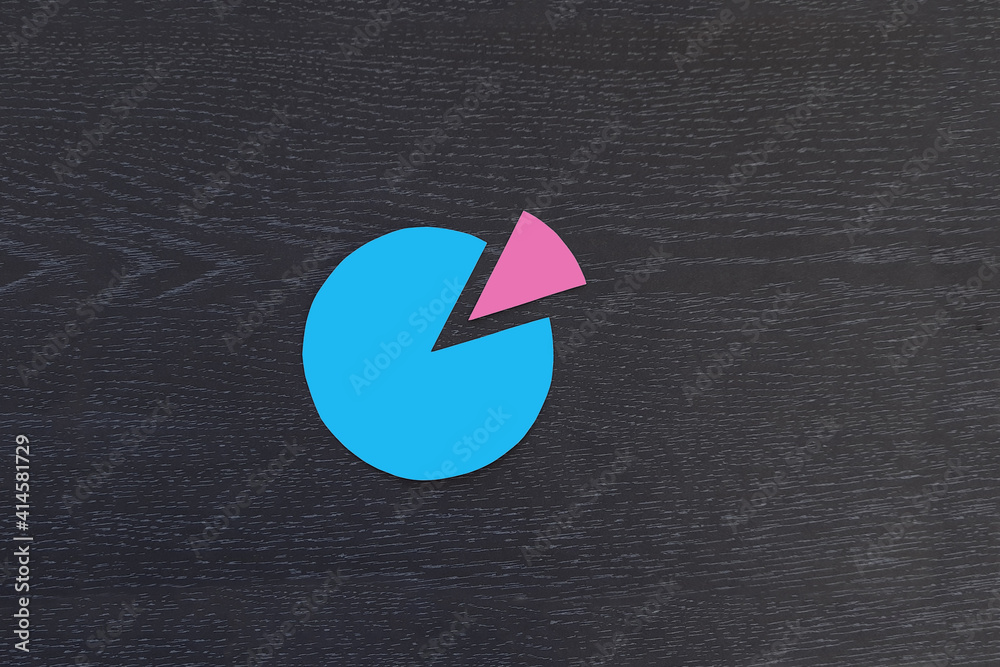 A circular diagram in blue and pink on a dark background. Part of the whole. Financial analysis, business planning.