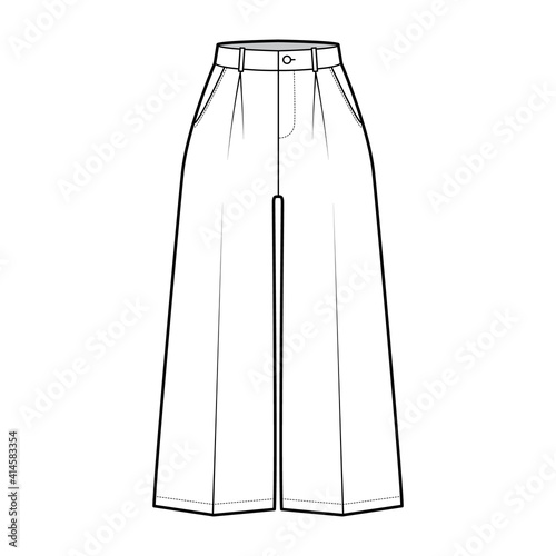 Pants capri technical fashion illustration with normal waist, high rise, single pleat, mid-calf length, wide legs, seam pockets. Flat trousers apparel template, white, color. Women, men CAD mockup