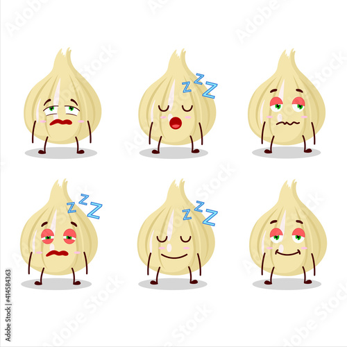 Cartoon character of new garlic with sleepy expression