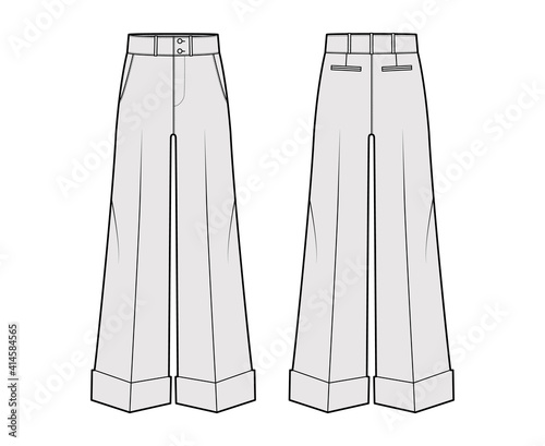 Pants oxford tailored technical fashion illustration with low waist, rise, full length, slant slashed jetted pockets. Flat trousers apparel template front, back grey color. Women men unisex CAD mockup