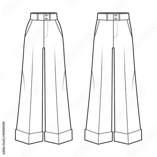 Set of Pants oxford tailored technical fashion illustration with normal low waist, high rise, full length, slant jetted pockets. Flat trousers apparel template front white color. Women men CAD mockup
