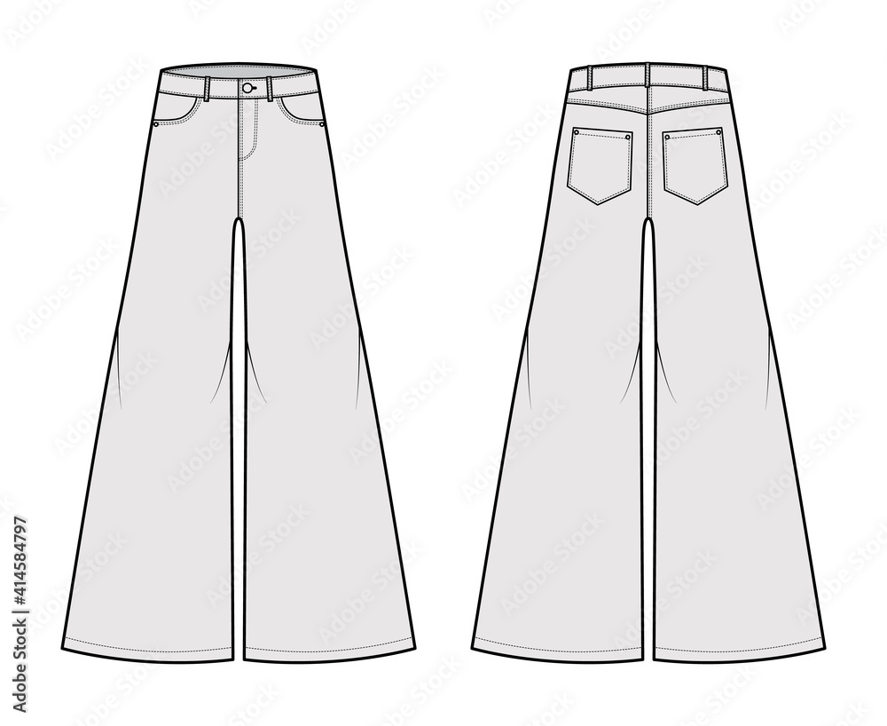 Jeans Baggy wide Pants Denim technical fashion illustration with full ...
