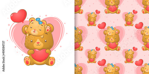The cute bear with the baby bear holding the heart balloons in the seamless