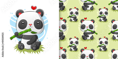 The watercolor pattern set of the panda eating the fresh bamboo in the forest