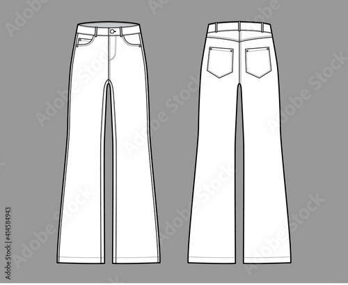 Set of Jeans wide leg Denim pants technical fashion illustration with low waist, rise, 5 pockets, Rivets, belt loops. Flat bottom template front, back, white color style. Women, men, unisex CAD mockup