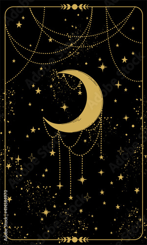 Tarot card with crescent moon and stars. Magic card, boho style design, engraving, witch cover. Golden mystical hand drawing on a black cosmic background. Vector illustration.