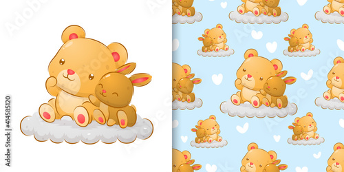 The seamless hand drawing of the bear and the rabbit sitting on the cloud