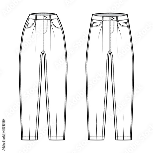 Set of Slouchy Jeans Denim pants technical fashion illustration with ankle length, normal low waist, high rise, 5 pockets, Rivets. Flat bottom template front white color style. Women men CAD mockup