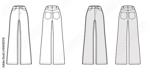 Jeans wide leg Denim pants technical fashion illustration with full length, normal waist, high rise, 5 pockets. Flat bottom template front, back, white, grey color style. Women, men, unisex CAD mockup