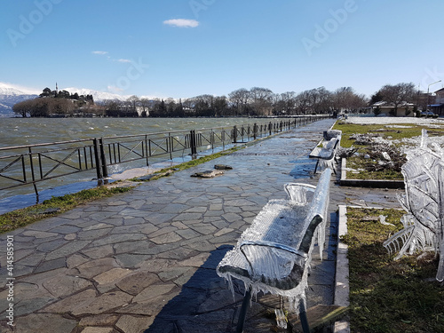 ice stalactites in ioannina city greece in winter season in front of lake pamvotis greece photo