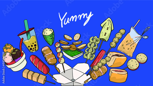 Lots of Thai dessert and snack pop up from the white box on the blue background with copy space for text.