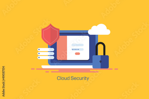 Secure network connection, cloud security, login and password concept. Internet data protection technology. Flat design web banner with yellow background.