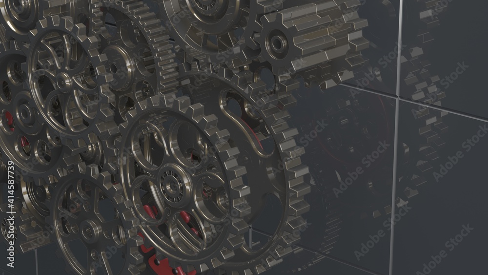 Mechanism black-red gears and cogs at work on spot light background. Industrial machinery. 3D illustration. 3D high quality rendering. 3D CG.