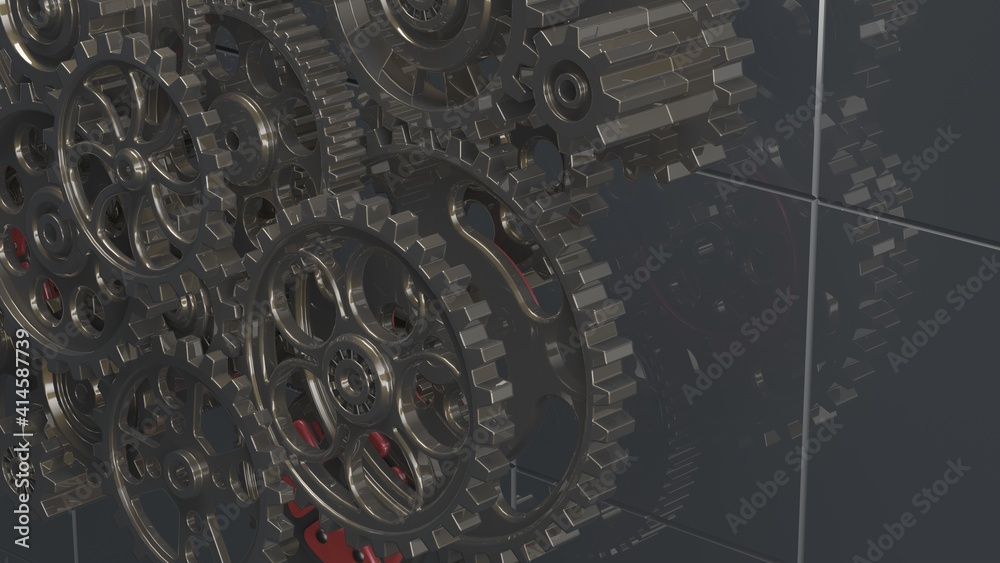 Fototapeta premium Mechanism black-red gears and cogs at work on spot light background. Industrial machinery. 3D illustration. 3D high quality rendering. 3D CG.
