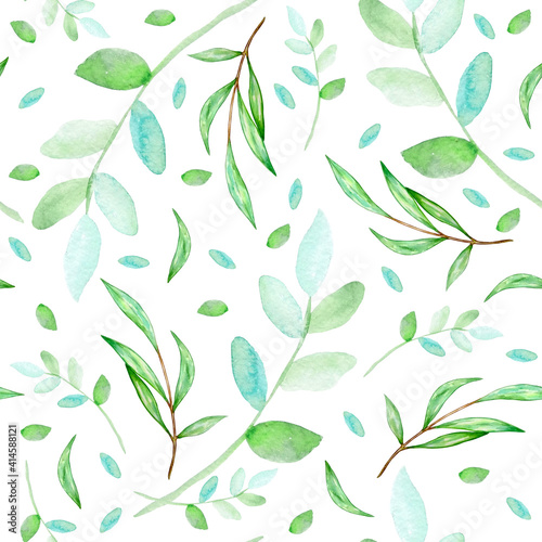 Easter watercolor seamless pattern with green spring leaves and branches