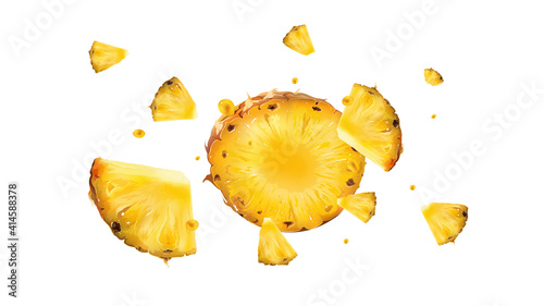 Bild auf Leinwand Slices of pineapple with droplets of juice in flight.