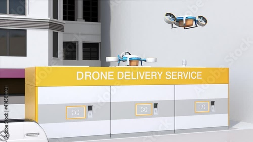 Delivery drone landing on a launch pad and transfer package to the delivery box. Last one mile concept. 3D rendering animation.