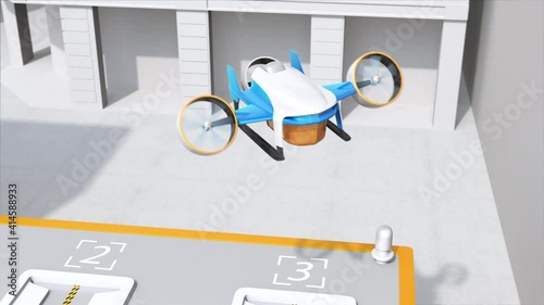 Delivery drone landing on a launch pad and transfer package to the delivery box. Last one mile concept. 3D rendering animation.