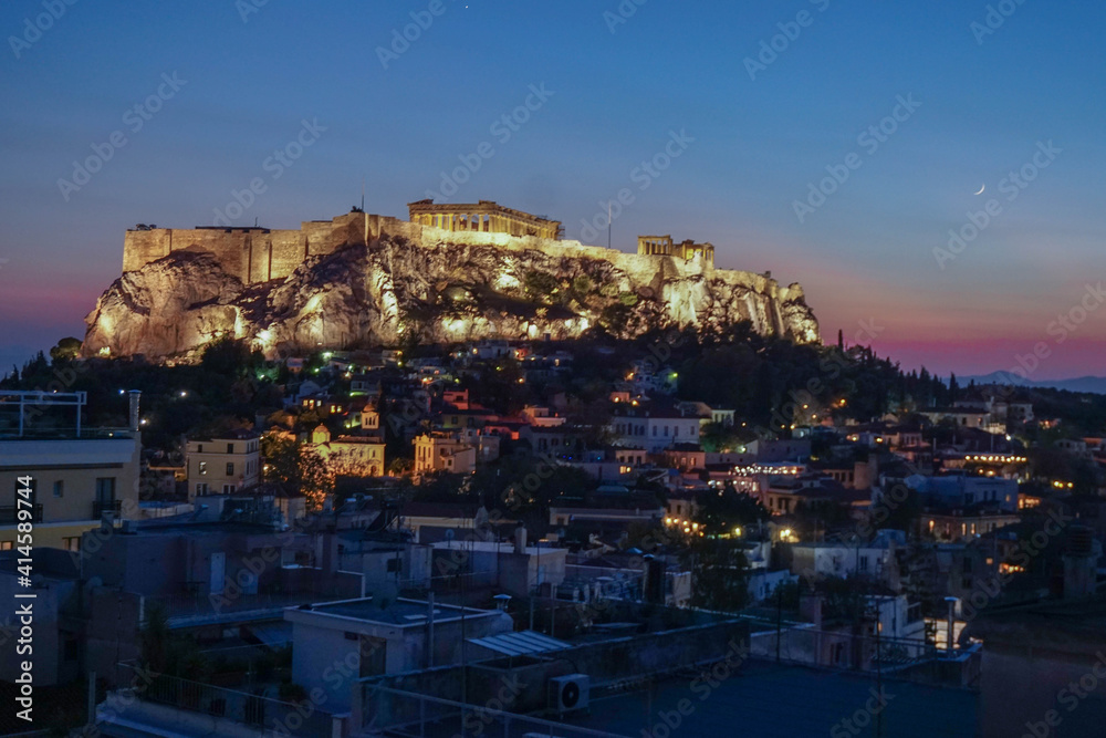 Parthenon at the Acropolis from a Roof Top in Athens Greece at night
