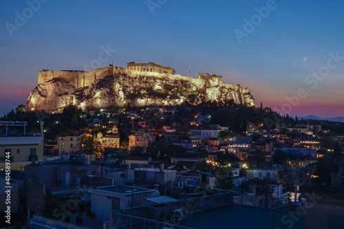 Parthenon at the Acropolis from a Roof Top in Athens Greece at night