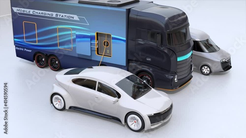 Electric cars charging from a power supply truck. Mobile charging station concept. 3D rendering animation.