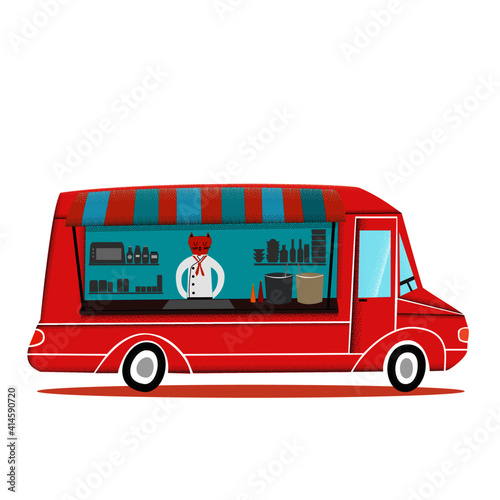 Food truck with cat chef cartoon vector illustration 