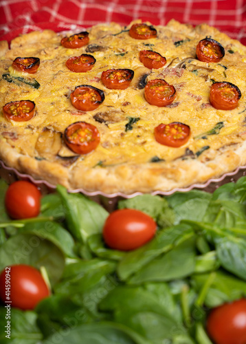 Quiche with tomatoes with green leaves in foreground