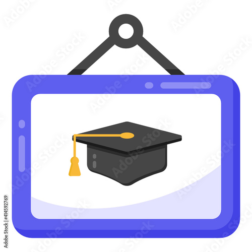 
Flat design of mortarboard on hanging board, trendy design of education board icon

