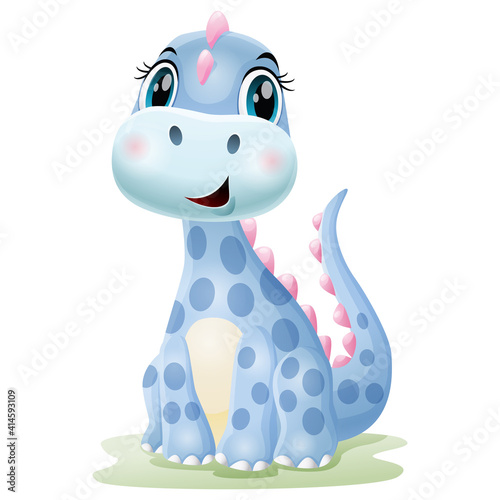 Cartoon cute baby dinosaur sitting in the grass
