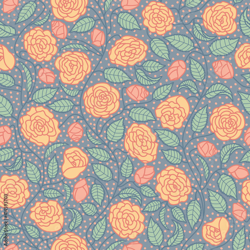 Blue with Orange Camelias and Green Leaves Garden Themed Seamless Pattern. Beautiful hand drawn vector design, perfect for fabric, wrapping paper, wall paper, home decor, quilting, gifts and apparel.