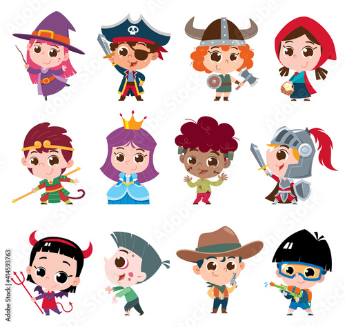 A delightful digital illustration featuring a group of cartoon-style children dressed in various fantasy and adventure-themed costumes.